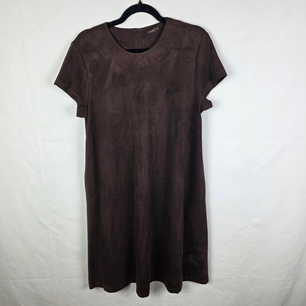 J.McLaughlin Brown Faux Suede Short Sleeve Shift Dress Large Round Neck Zip Back